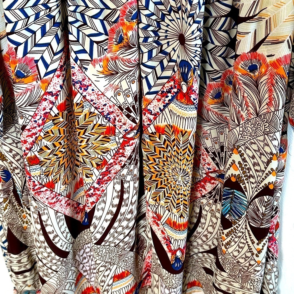 Umgee Tan/Multicolor Bohemian Print Bishop Sleeves Dress with Tassle Ties Sz L - Picture 10 of 14